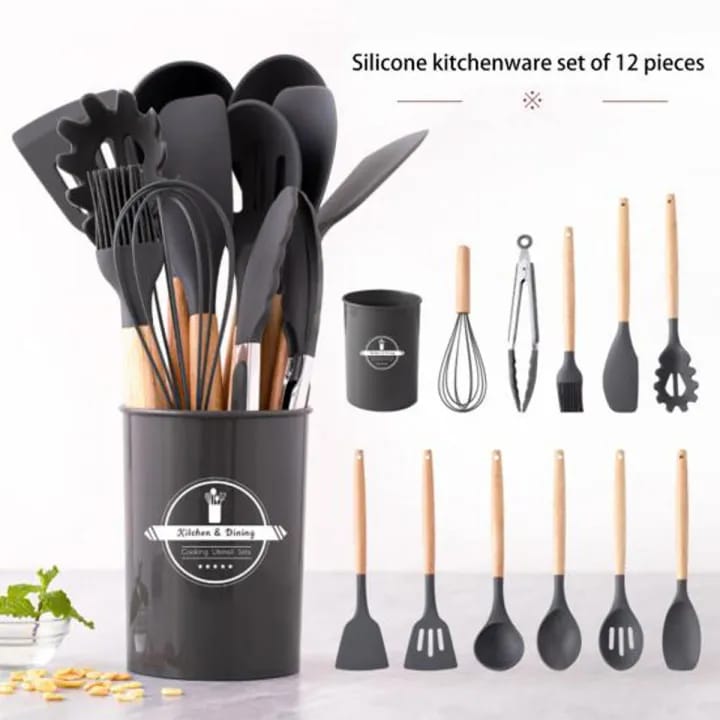 12 PCS Silicone Kitchenware Cooking Utensils Set (Dark Grey)